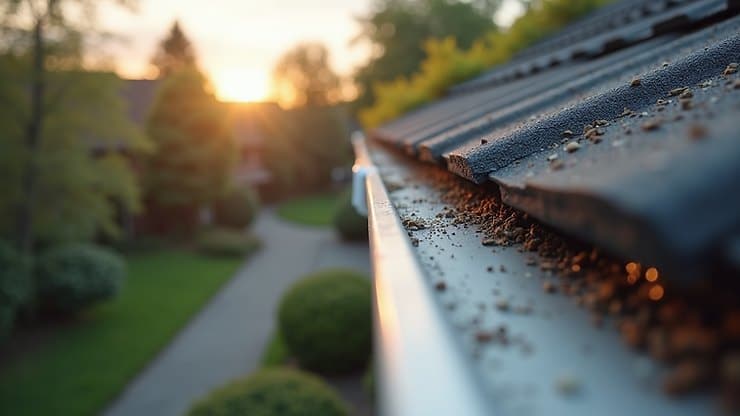 Leaves collected in a gutter along a residential roof edge