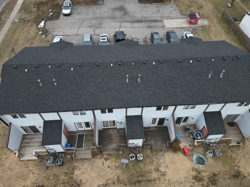 Asphalt shingle roof replacement on a Fort Wayne townhome building